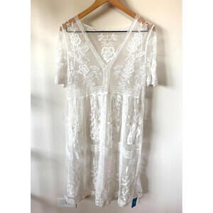 CupShe Women's White Floral Lace Sheer Midi Swim Beach Cover Up SMALL NWT